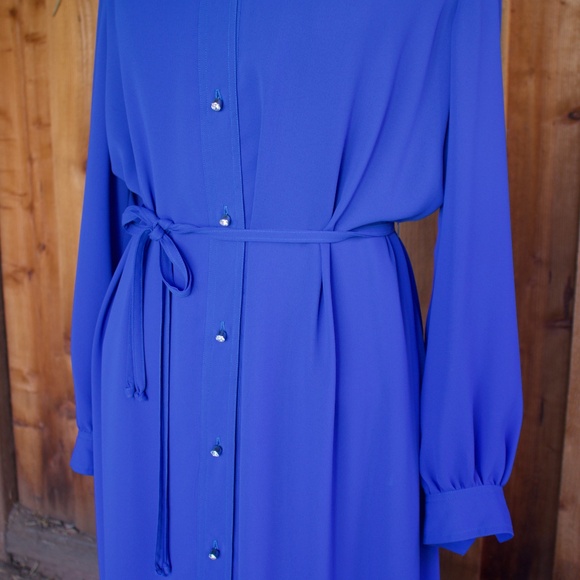 Vintage I. Magnin Blue Long Sleeve Midi Shirt Dress Jewel Buttons Woman's Size L - Picture 10 of 16